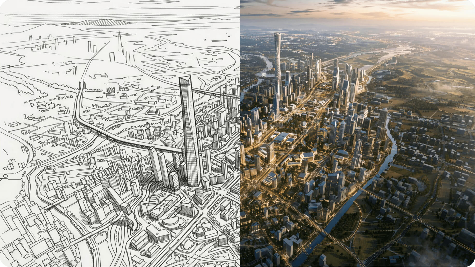 Comparativa: boceto urbano y render aéreo fotorrealista