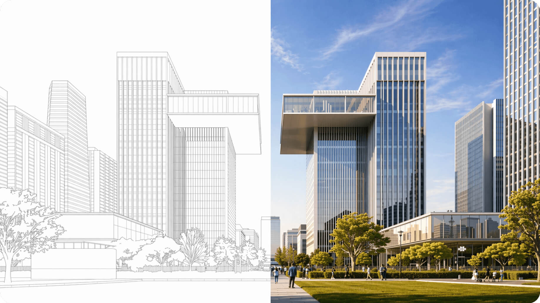 Comparativa: boceto de fachada y render arquitectónico